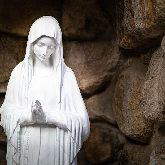 a praying statue of the Virgin Mary in a stone background.
